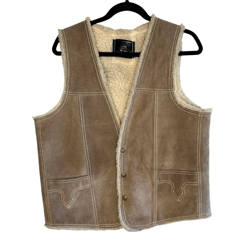 Vintage 70s Shearling Vest Genuine Suede Leather Western Boho Sherpa Sz 42‎ L